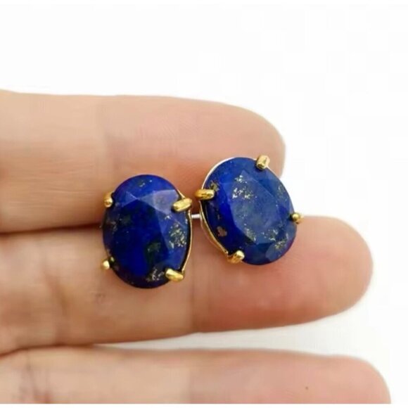NWT Oval Stud Earrings Natural Lapis Lazuli 18K Gold Plated Setting - Picture 2 of 12